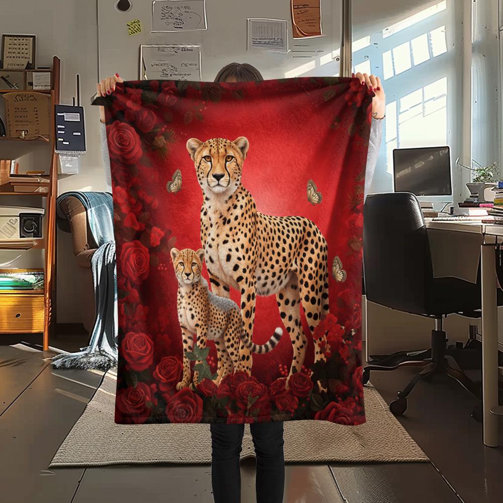 1PC Red Rose Animals Print Flannel Blanket, High Quality All Seasons, Home Decor, Warmth and Comfort, Perfect for Christmas Gifts