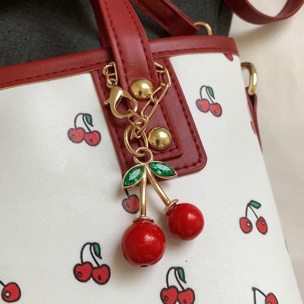 Large Capacity Cherry Crossbody Bag Cherry Pendant Square Tote Bag Bucket Shoulder Bag  Outdoor