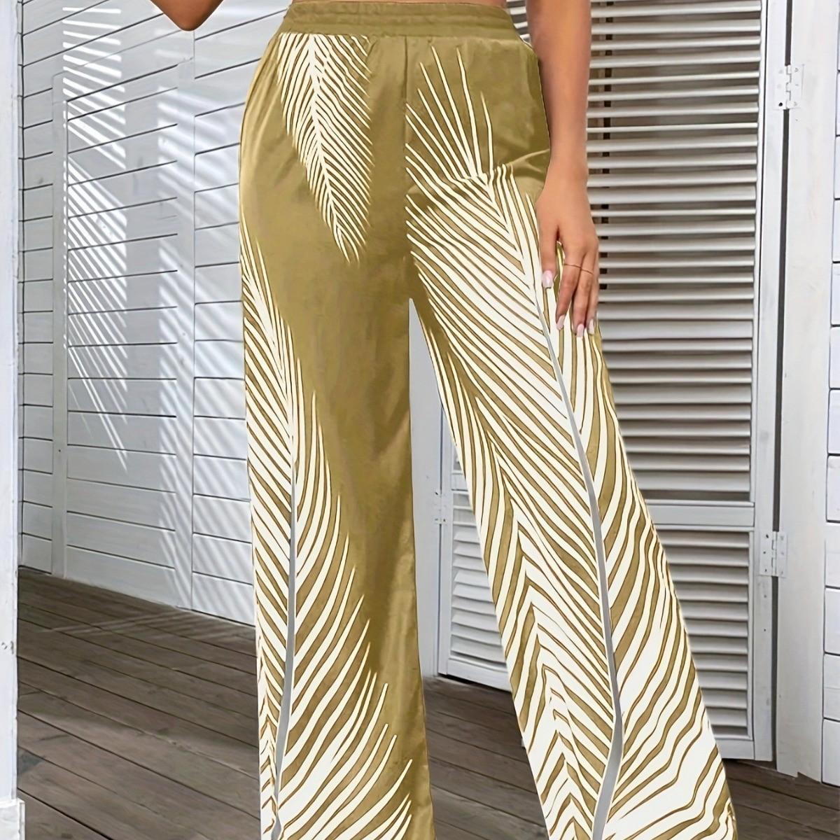 

Женские брюки для отдыха с высокой талией и принтом в полоску и листьями, весна-лето XXL хаки