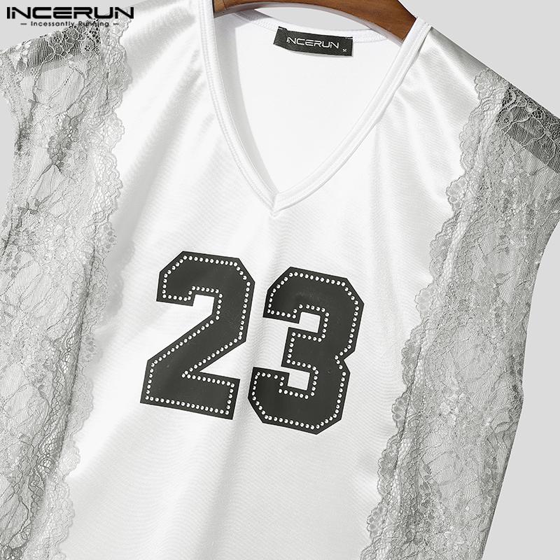 INCERUN Men V Neck Sleeveless Lace Hem Letter Patchwork Casual Tank Tops Undershirts