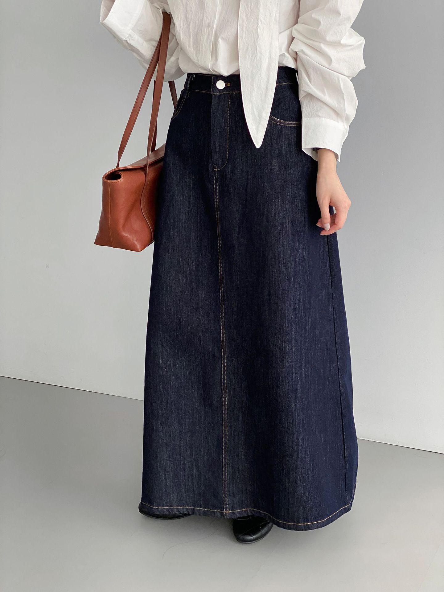 Women s Dark Blue High-Waisted Slimming Flare A-Line Midi Skirt 6199 Medium