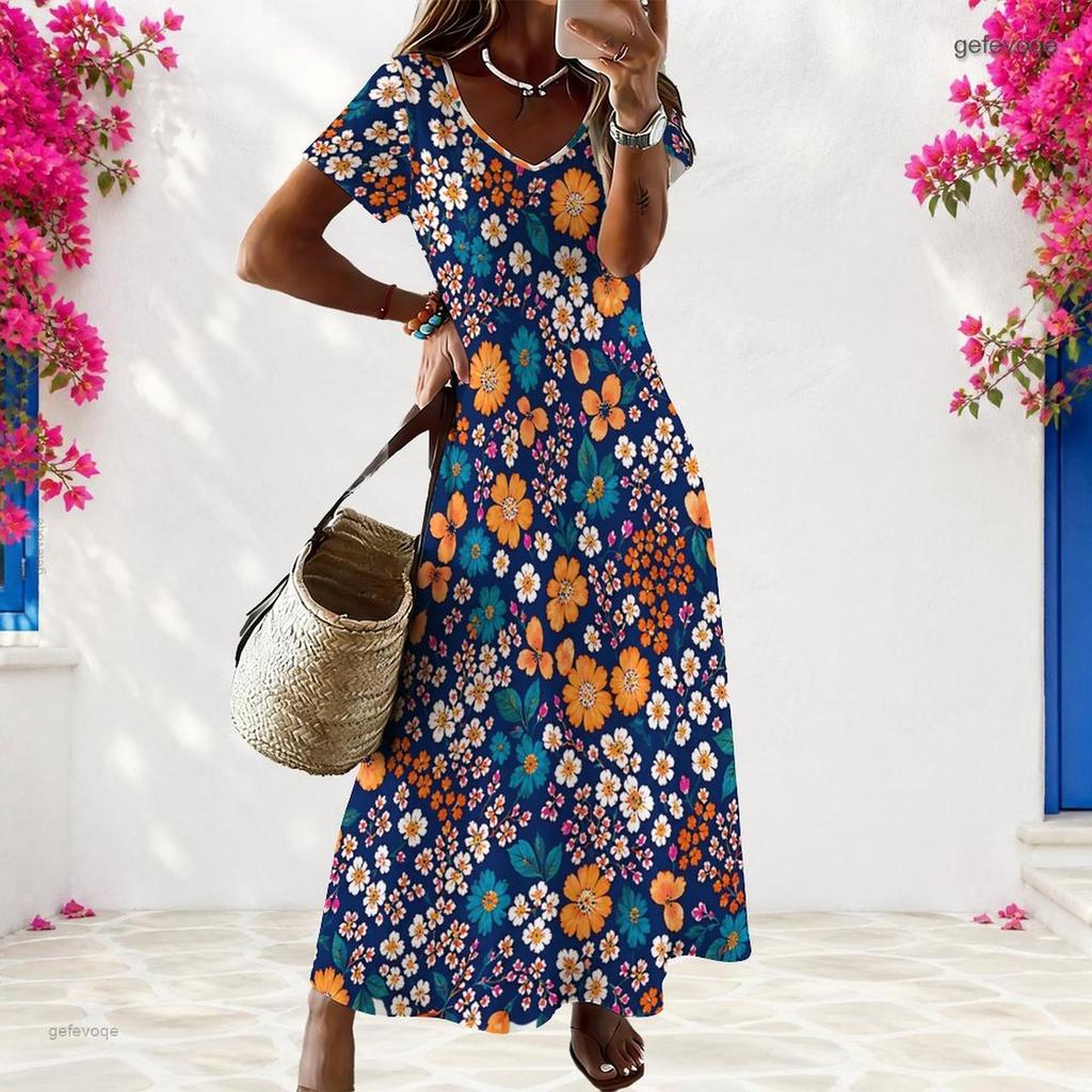 Women Plus Size Sunflower Printed V Neck Short Sleeve Black Straight Maxi Dress