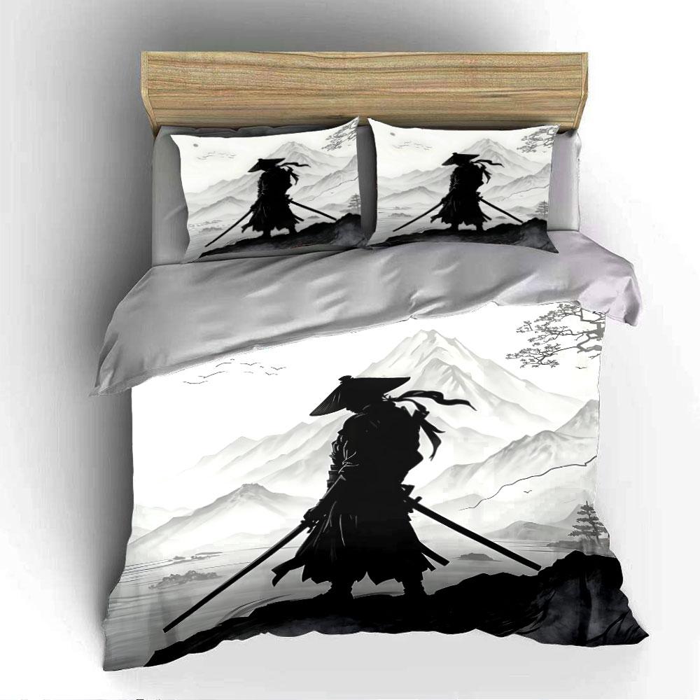 Samurai Silhouette with Swords Bedding Duvet Cover Set (1*Duvet Cover 2*Pillowcases, Without Duvet Insert)