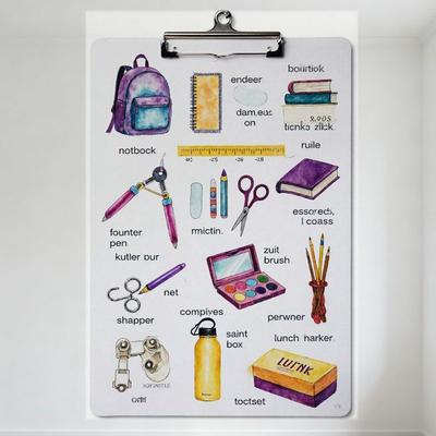 Watercolor Style Whimsical Misspelled Labels Metal Clipboard Art Tin Sign, Funny Office School Supplies Retro Plaque for Home De