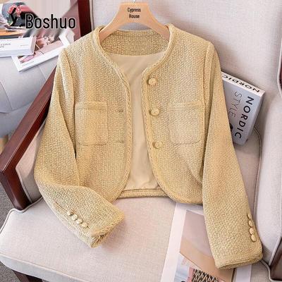 Chaqueta de Tweed Corta con Cuello Redondo para Mujer Sibaishe Otoño