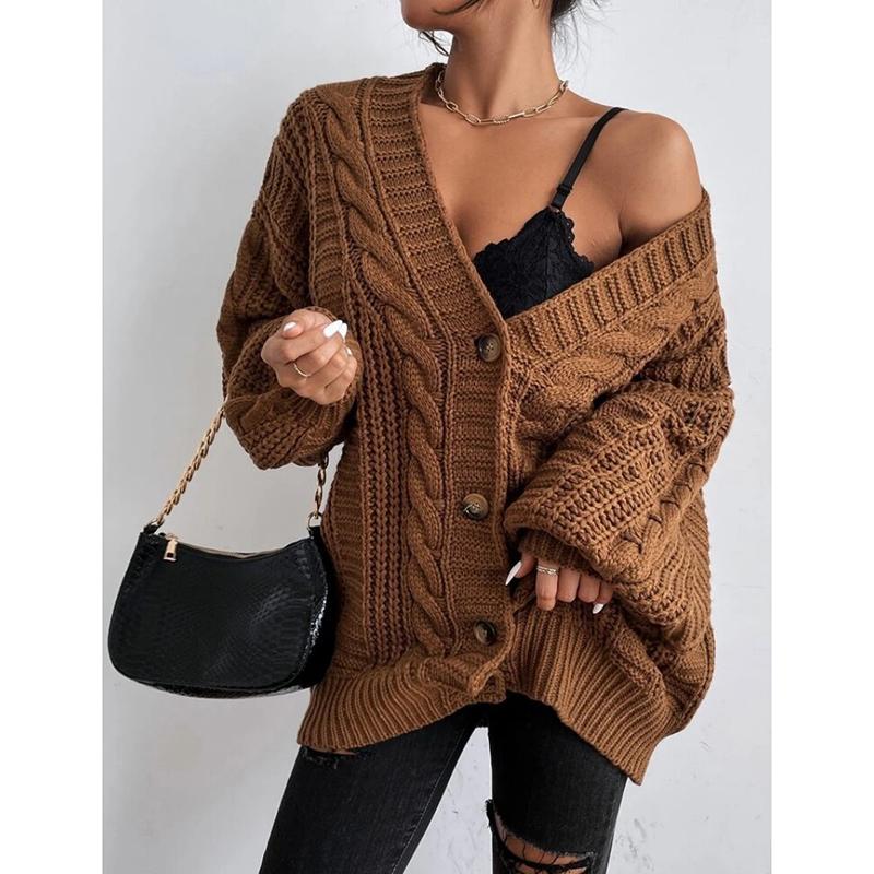 Autumn New Loose Plus Size Knitted Sweater Coat Women Winter Fashion Twists Solid Cardigan Women Vintage V-neck Lantern Sleeve Cardigans Jacket 24594