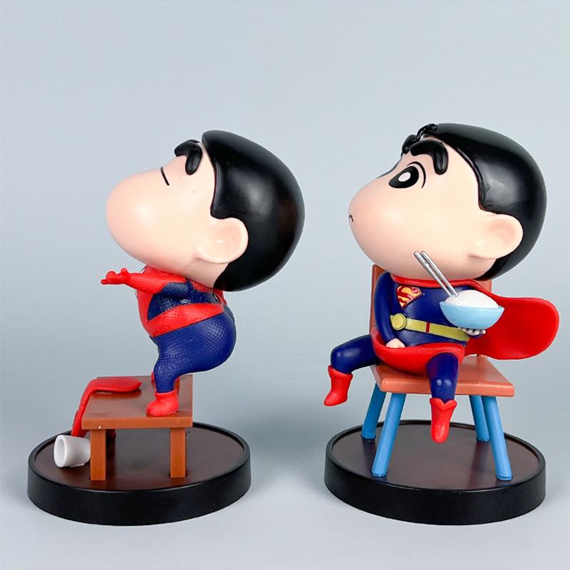 Crayon Shin Chan Anime Handmade Action Figure Set Superman Spider-Man Kung Fu Themed Collectible Decoration Toys for Fans
