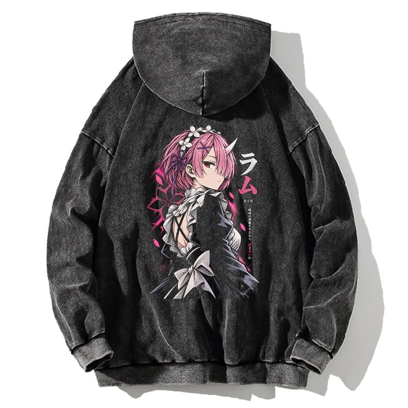 Ram Re:Mikina s grafickým motivem Manga Vintage Praná Oversized Streetwear Pánské Dámské Oblečení Podzim Dlouhý Rukáv 100% Bavlna S Kapucí