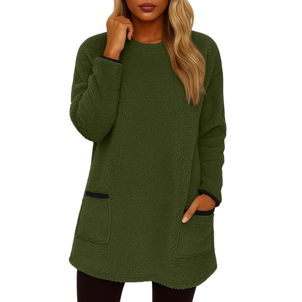 Women's Fashionable Solid Color Round Neck Long Sleeved Warm Plush Casual Top