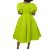 Large Size Women Fashion Solid Dress Ladies Elegant One Piece V Neck Puff Sleeves Swing Dress