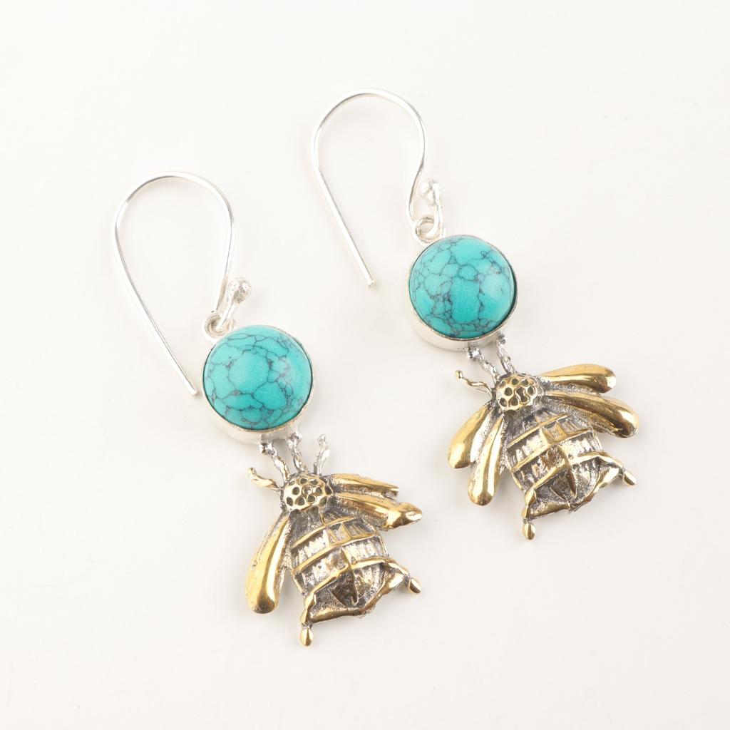 Natural Blue Turquoise Gemstone 925 Sterling Silver Unique Handmade Earrings 2" EE-154-32