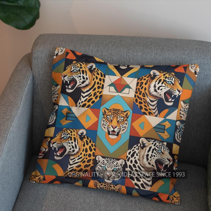 2D Colorful Geometric Jaguar-Printed Pillow Cover Pattern Cushion Cover Suitable For Sofa Bedroom Car Pillow Cover