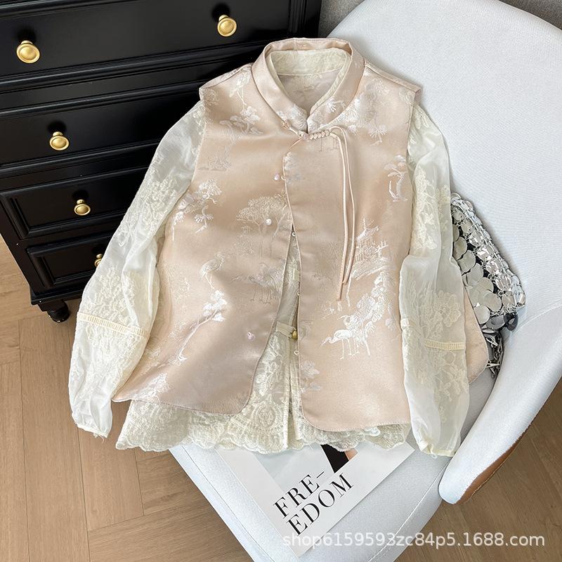 New buckle stand-up collar crane jacquard vest retro vest high-end sleeveless top