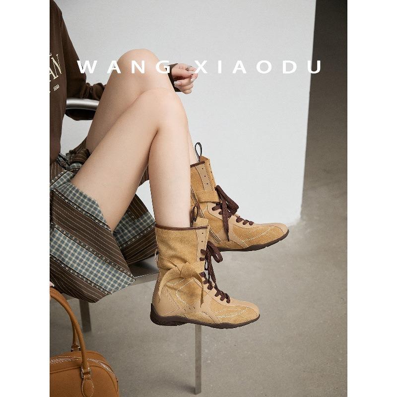 Cowhide~ Wang Xiaodu inner height increase 5cm boots Maillard short boots women's sports retro Martin boots boxing boots