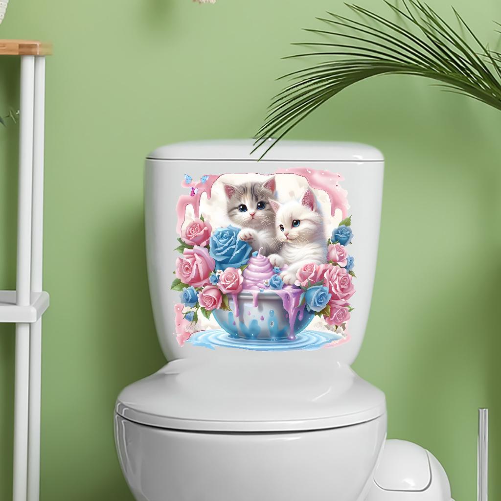 Cat & Floral Animal Toilet Stickers, Waterproof Removable Self-Adhesive Bathroom Wall Decals