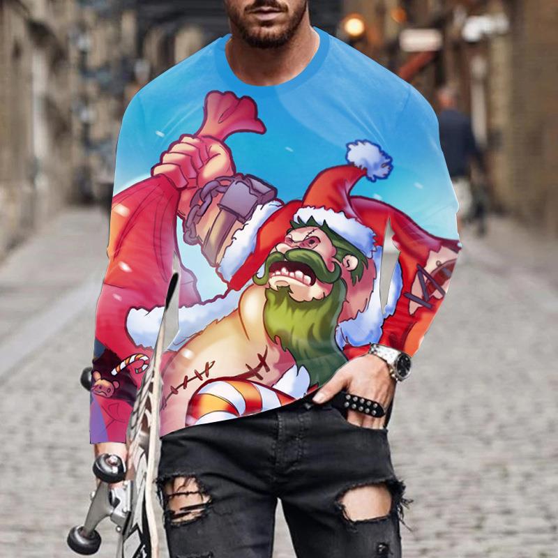 Herren T-Shirts Weihnachten Herren Neu Rundhals Langarm Street Fashion 3D Gedrucktes Herren T-Shirt