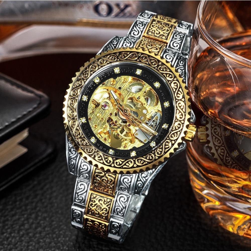 Forsining Stil Herrenmode Casual Hohl Vintage geschnitzt automatische mechanische Uhr