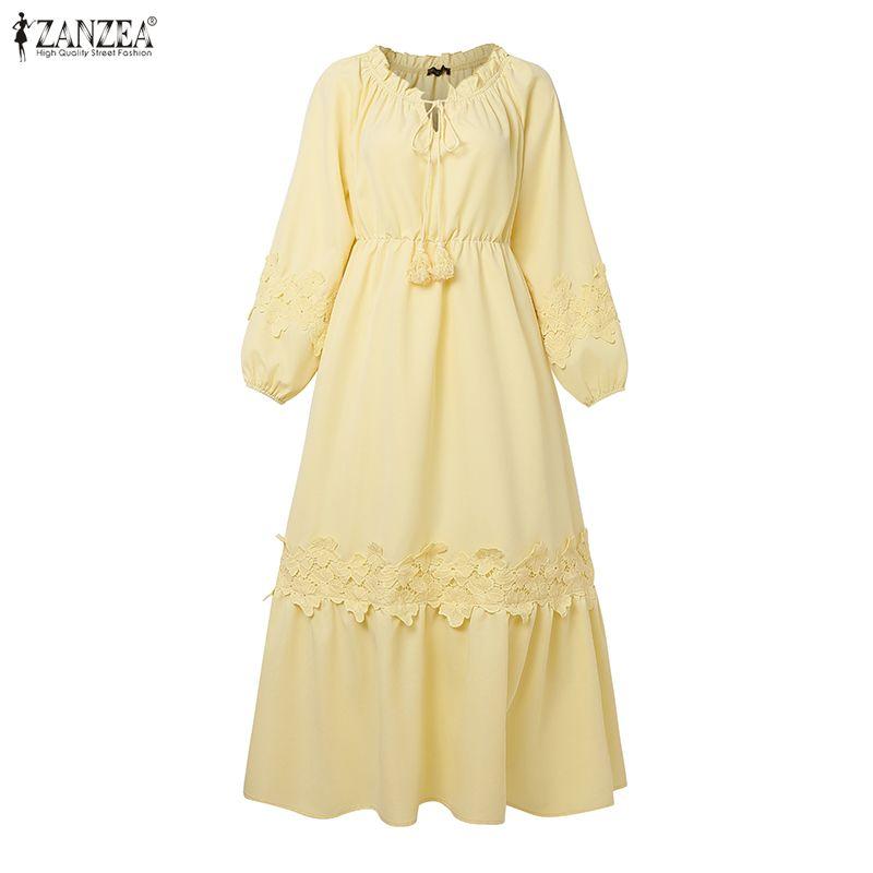 ZANZEA Women Bohemian Lace Crochet Patchwork Casual Long Sleeve Long Dress