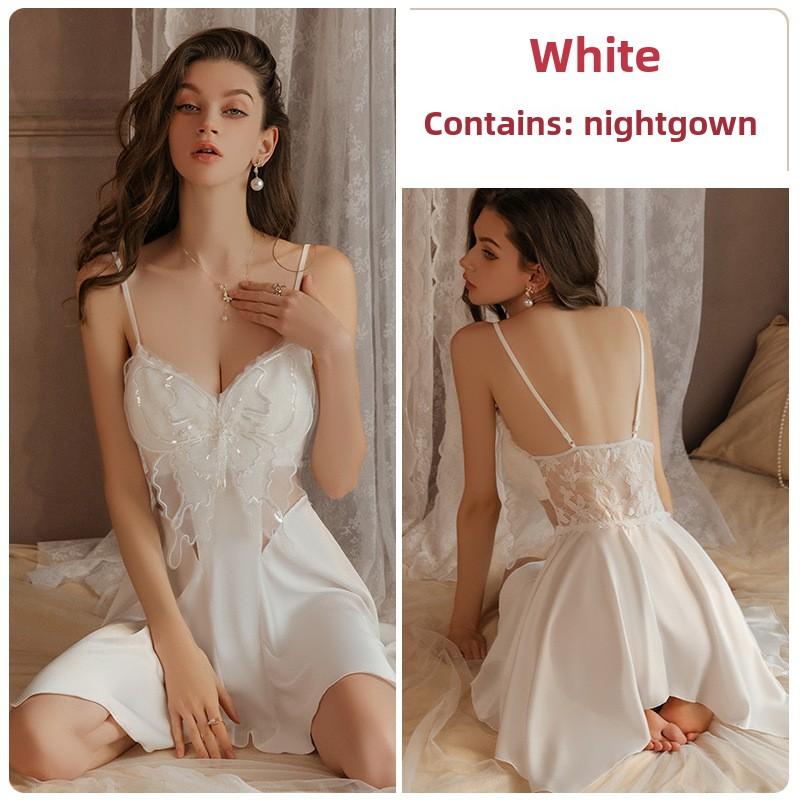 Sexy Decolteu Adânc Cu Adunare Plus Pad Piept Perspectivă Plasă Spate Gol Mărime Mare Cămașă de Noapte Robă Set Loungewear