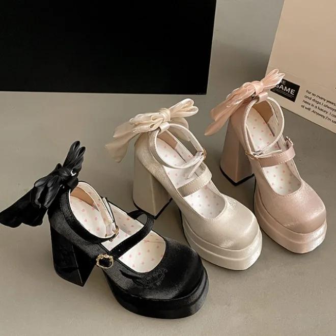Women High Heel Shoes Lolita Pumps Fashion Spring Autumn Ladies Outdoor Retro Bow Mary Jane French Elegant 6-8cm High Heels