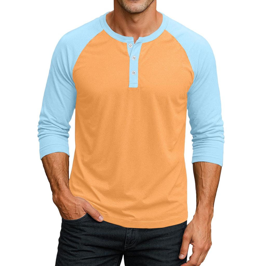 Men's Button-Down Contrast Raglan 3/4 Sleeve Top