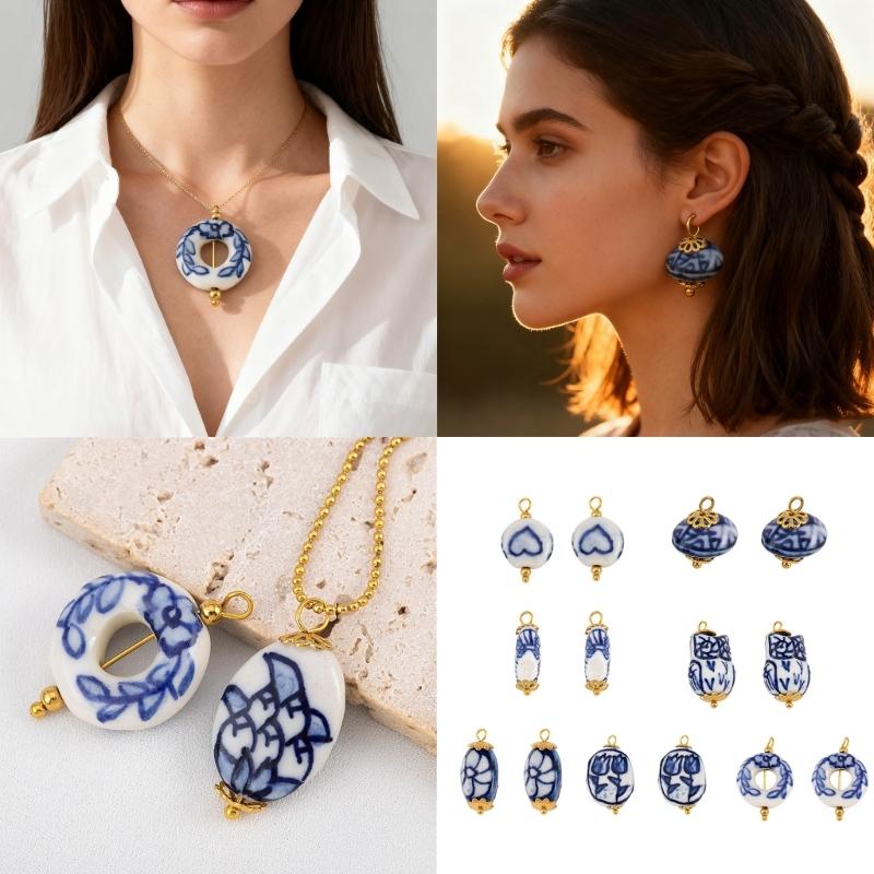 Accessori Orecchini Irregolari in Porcellana Blu Dipinta a Mano Acciaio Inossidabile Materiali per Artigianato