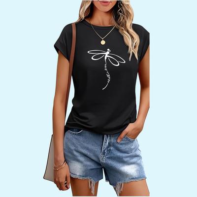 Women Fashion Dragonfly Print T-shirt Sring&summer Casual Ladies Round Collar Tee Shirt