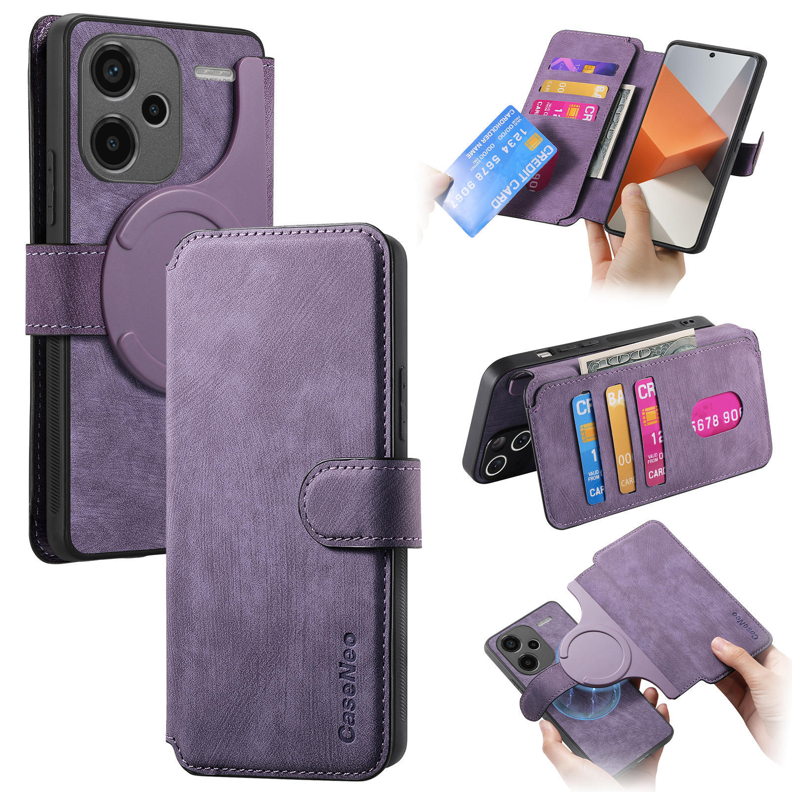 

for Magsafe Flip Leather Cover For Xiaomi Redmi Note 13 Pro 4G 5G 12Pro Turbo 3 Removable Magnetic Wallet Card Holder Phone Case Redmi Turbo 3 фіолетовий