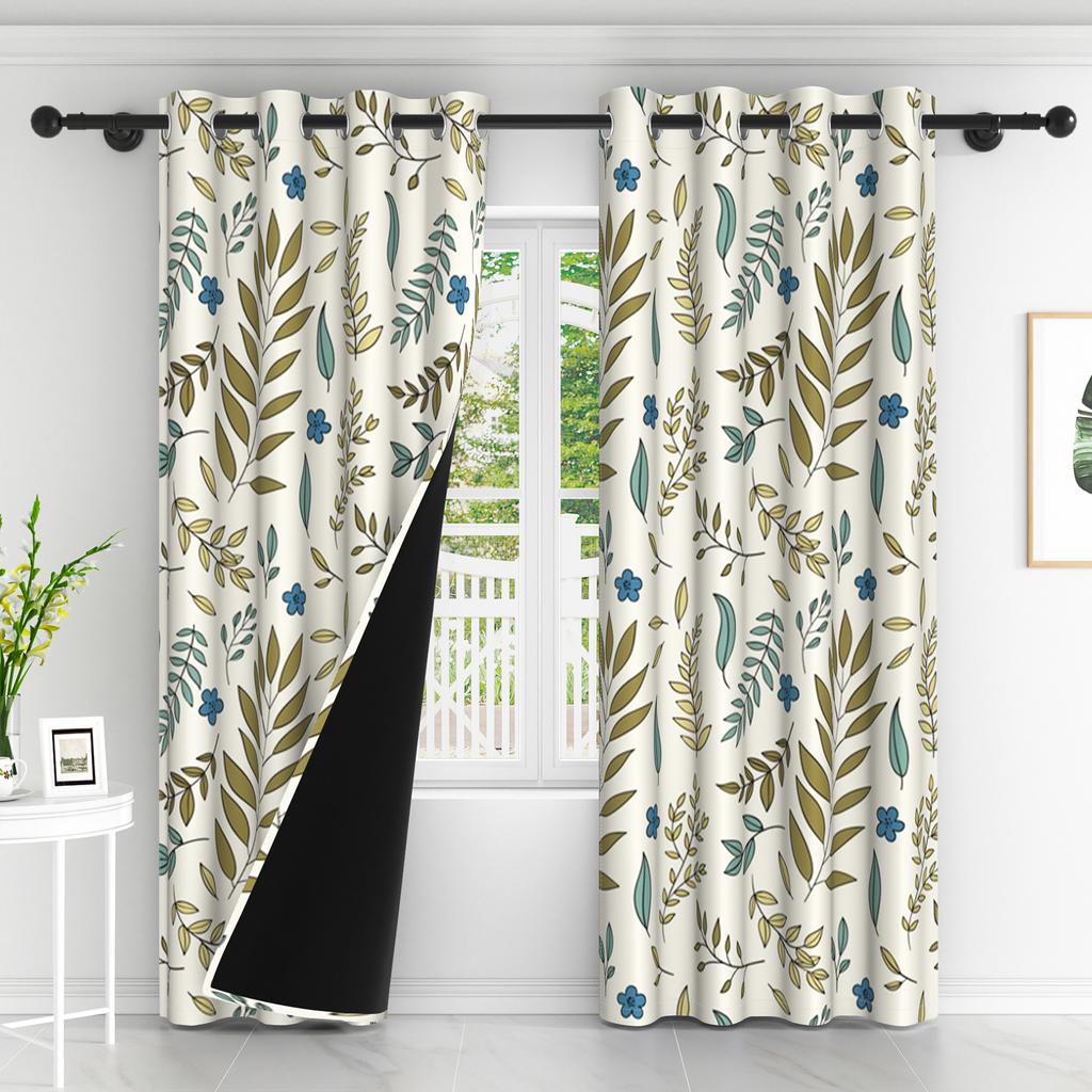2pcs Green Leaves Window Curtains Boho Style Modern Bedroom Blackout Curtains Blue Flowers Natural Plants Curtains Living Room
