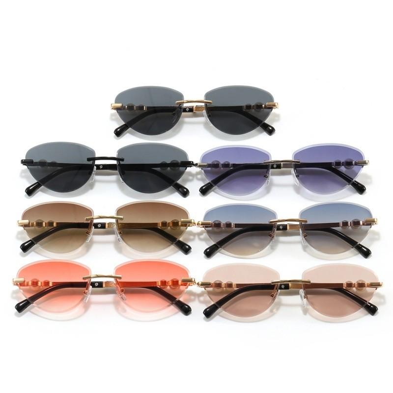 Pearl Metal Frameless Cat Eye Sunglasses With Uv400 Protection For Fashion Outdoor Travel