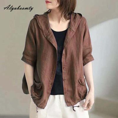 Korean Fashion Summer Women Oversized Cardigan Hooded Coffee Purple Cotton Linen Casual Loose Blouse Plus Size Vintage Ladies Thin Coat