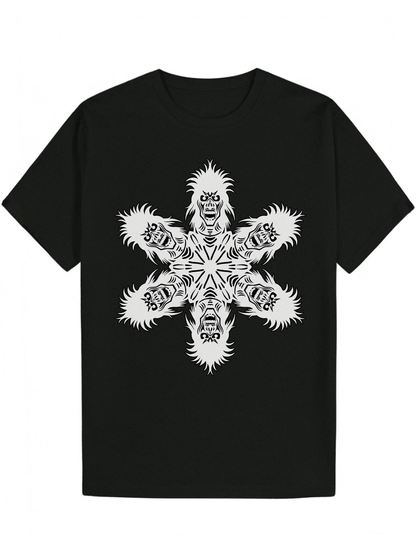 Crew Neck Polyester Graphic T-shirt - Black & White Skull & Floral Design L
