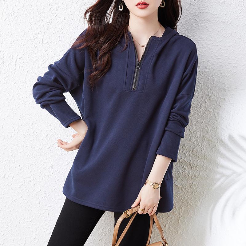 Dimanaf 2025 Hanorace Noi de Primăvară Mărimi Mari pentru Femei Mânecă Lungă Violet. Buzunare Largi Casual Design Albastru Solid Topuri de Bază Tricou Pulover Nou