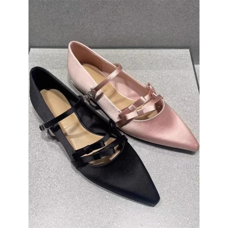 Fashion Gentle Unique Design Satin Mary Jane Flat oes Spring 2025 Pointed Toe  Knot Women's Faion Low Heel Slip-On oes