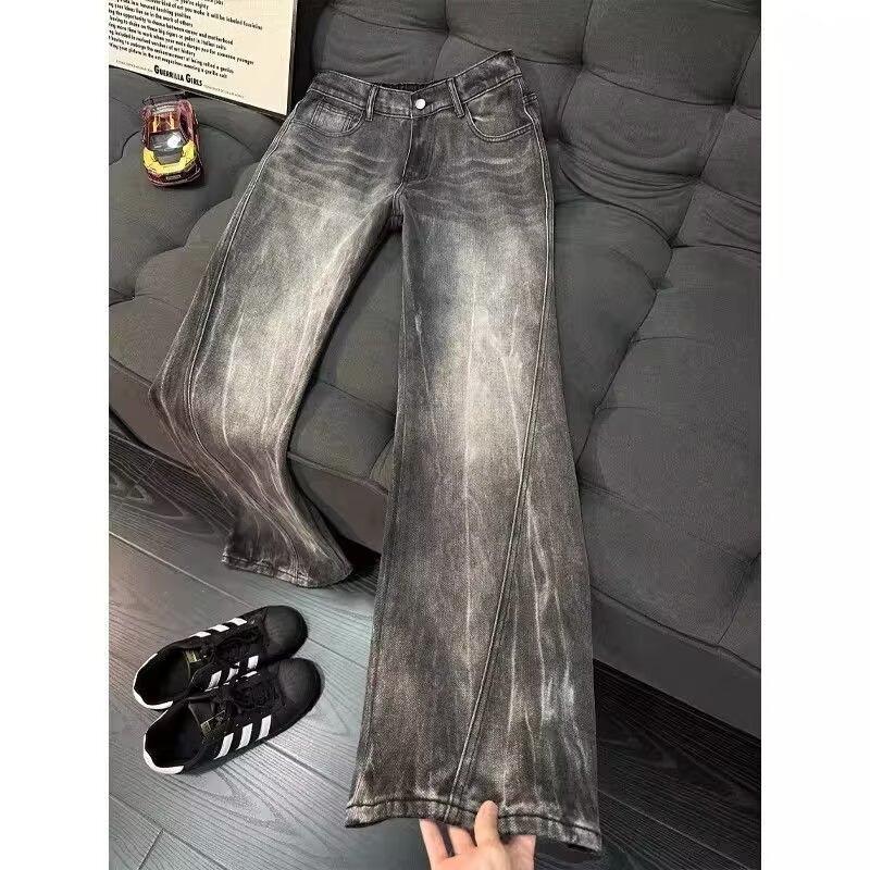High Street Burst Lightning Jeans Men's Trendy Brand American Heavy Industry Washed Straight Pants Narrow Slim-fit Micro-pull Pants