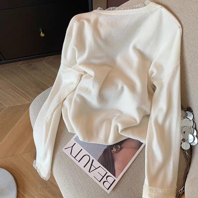 Lace splicing white neck knitted sweater women's autumn and winter new gentle and thin high-end sweater