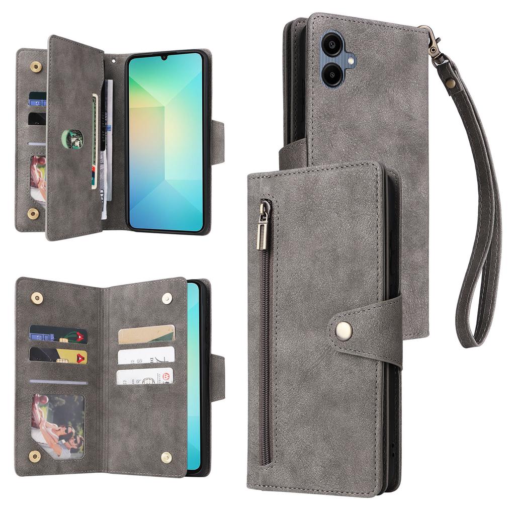 Phone Case For Samsung Galaxy A07 4G/A06 4G/A06 5G Zipper Wallet Rivet Decor Leather Cover with Wrist Strap
