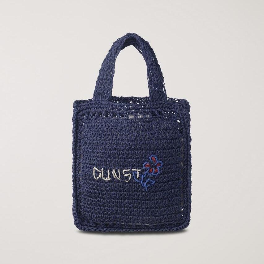 Dunst Hand Drawing Bloom Mini Bag — Handmade Paper Yarn Mini Tote with Floral Embroidery | Korean Designer | Navy / Natural Cream