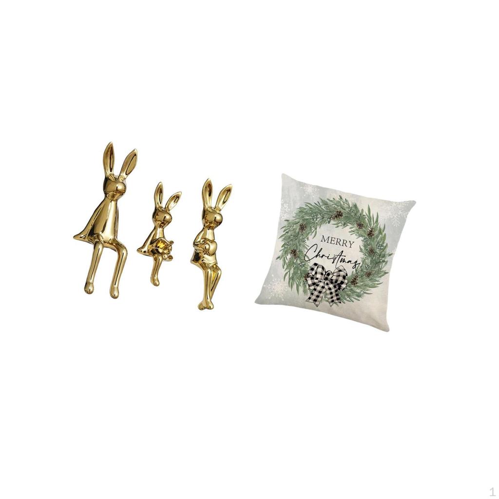 Bunny Family Sculpture And Festive Christmas Pillow Cover Set for Elegant Desk Display Sofa Decor