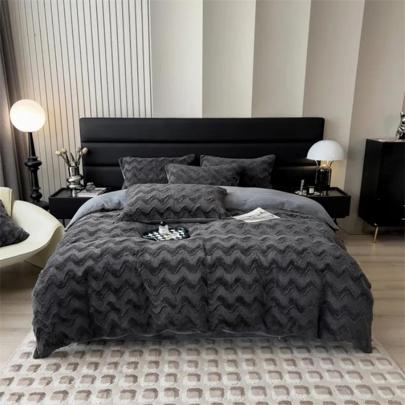 

2025 Новая осенне-зимняя простая утолщенная теплая четырехпредметная серия из флиса из волнистого кролика - Серия Бордо Простыня Простыня Простыня bed 1.8m 4pcs&Flat Sheet темно серый