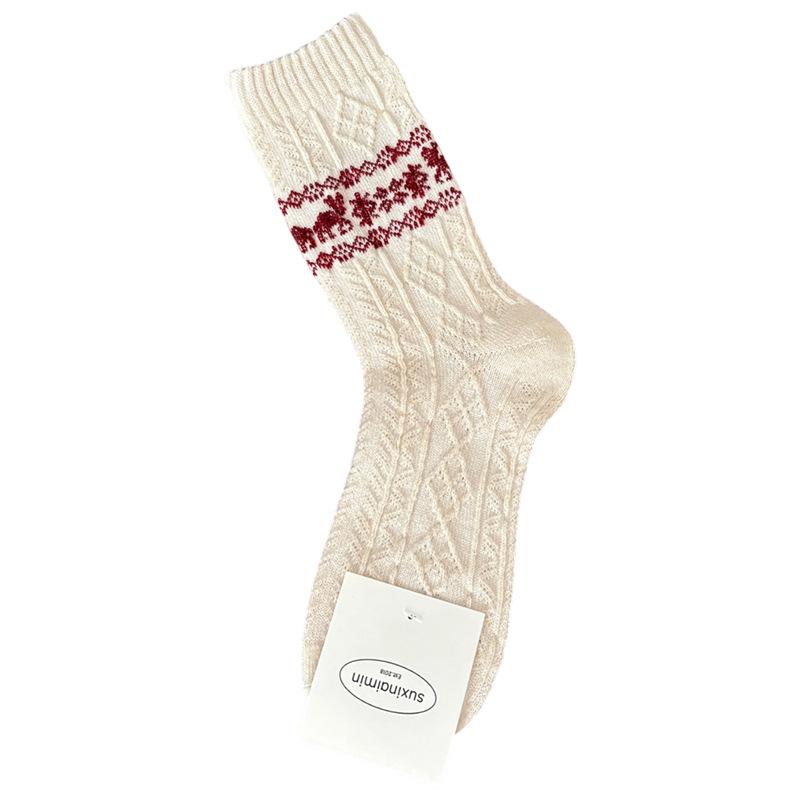 New Autumn and Winter Thick Warm Wool Socks Women Cute Kawaii Warm Snow Socks Christmas Retro Reindeer Loose Middle Tube Socks