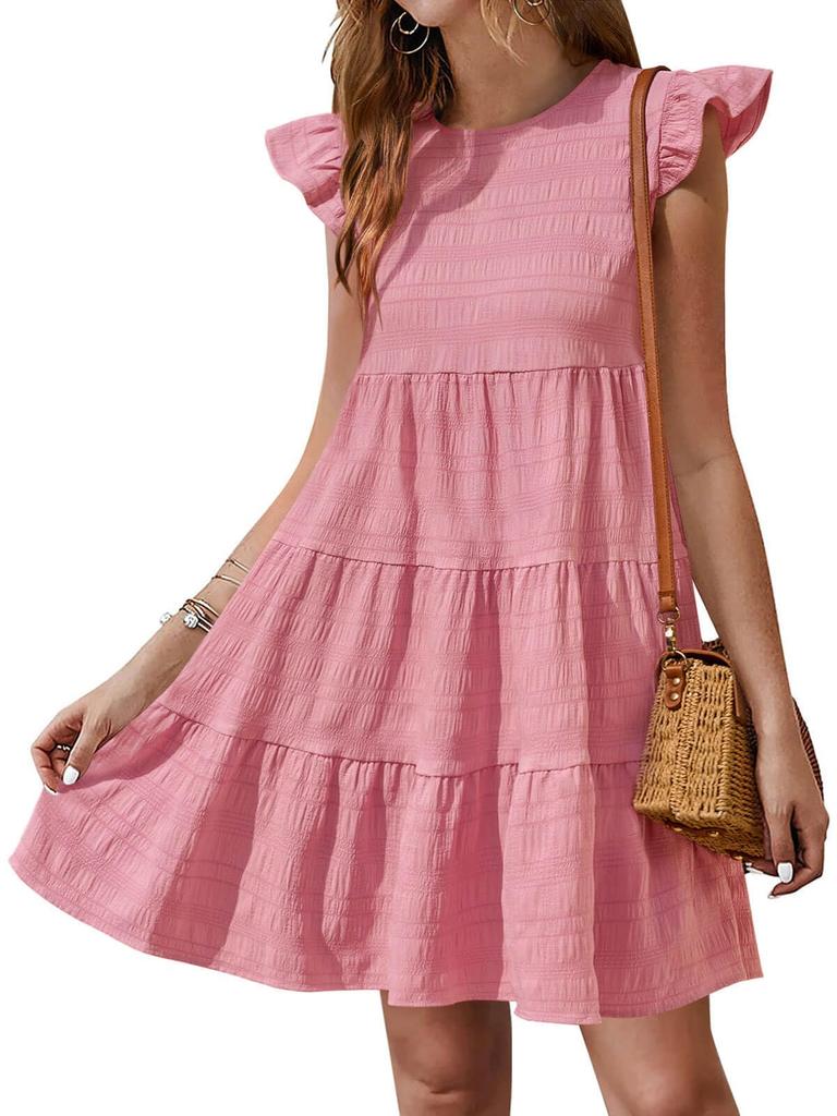 Womens Ruffle Sleeve Mini Dress Loose Fit Babydoll Summer Beach Sundress