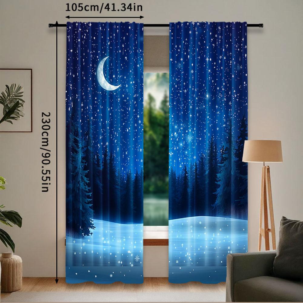 2Pcs Moon Curtain Winter Season Wonderland Starry Sky Night Forest Landscape Scenery For Bedroom Living Room And Dining Room B