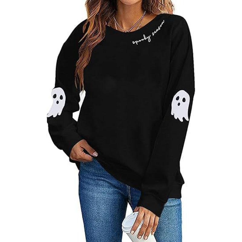Hallowmas Ghost Print Long Sleeve Sweatshirt Women Crew Neck Oversized Pullover Top