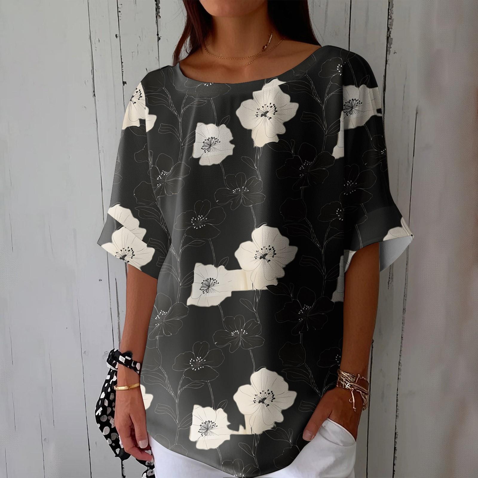 Women s Fashionable Casual Round Neck Printed Top Loose Top Printed Top Loose Top S чёрный