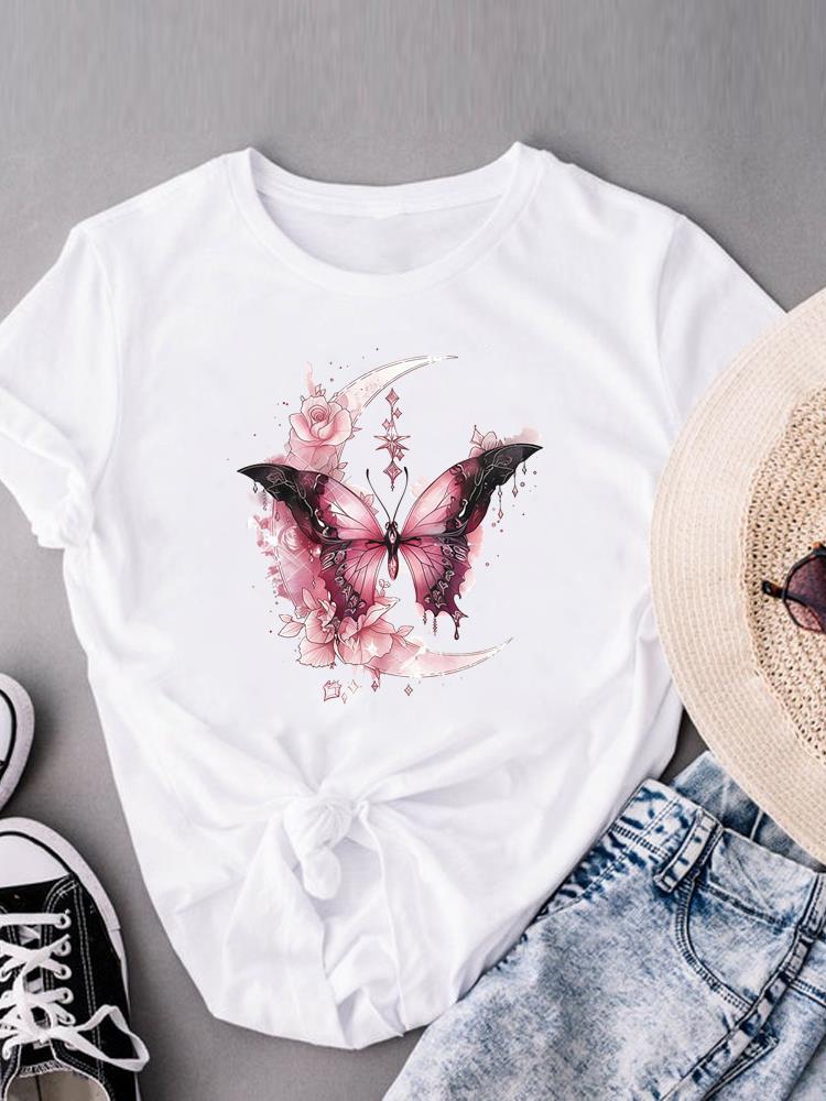 (Asian Size) Casual Women's Top Print flower style trend Short Sleeve T-shirts T Clothing O-neck Fashion Female Graphic Tee