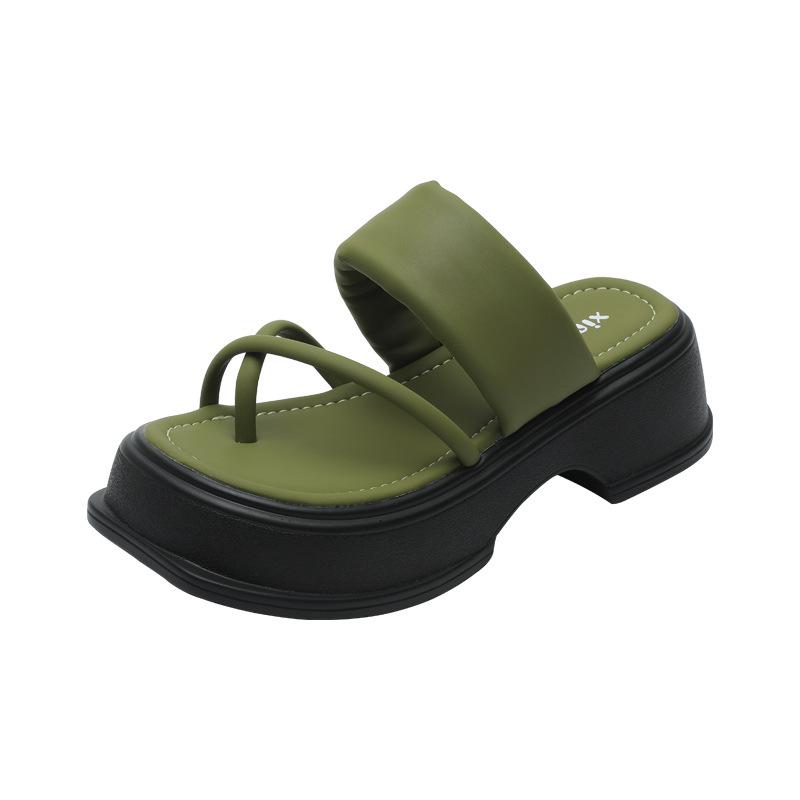 Sandalen Damen Sommer 2025 neue Plateau Zehenstegschuhe Muffin Schuhe [senfgrün chaosweiß]
