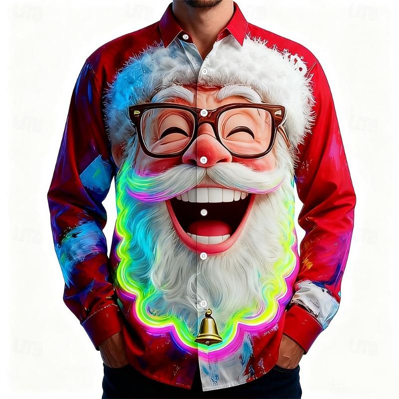 Christmas Men's 3D Santa Claus Printed Long Sleeve Shirt Polyester Lapel Formal Casual Shirt Autumn and Winter All-match Tops