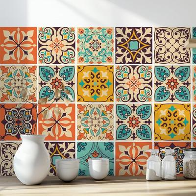 12Pcs Mandala Pattern Backsplash Tile Stickers Multicolor Design PVC Peel and Stick Tile Self-Adhesive Classic Style