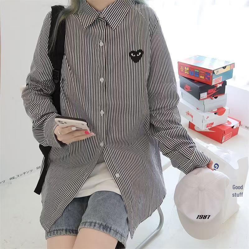 Japanese Heart Embroidered Striped Slim Fit Lapel Shirt - Versatile Long Sleeve for Spring & Autumn